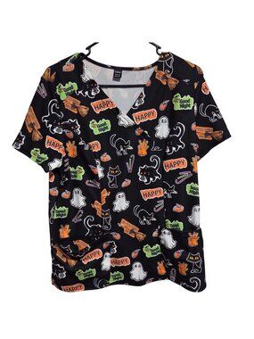 Halloween Scrub Top Size XL Black Cats Ghosts Pumpkins Short Sleeve Medical